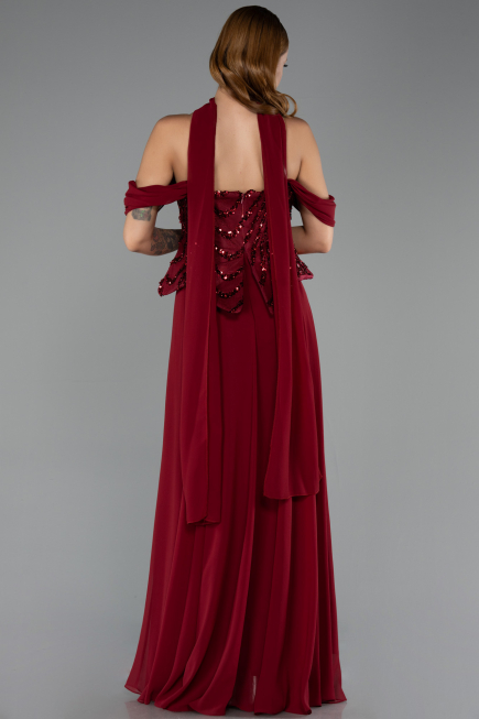 Robe de Soirée Longue Mousseline Rouge Bordeaux ABU6532