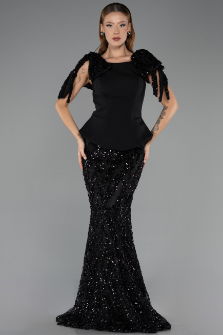 Robe de Soirée Longue Squameuse Noir ABU6607