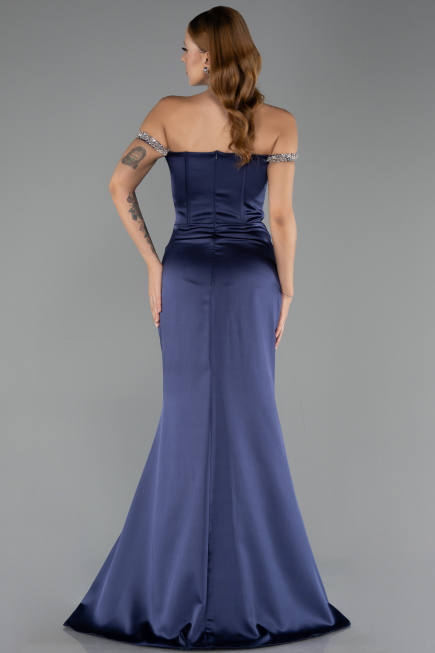 Robe Queue de Poisson Longue Satin Bleu Marine ABU6608
