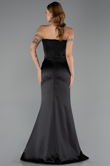 Robe Queue de Poisson Longue Satin Noir ABU6608