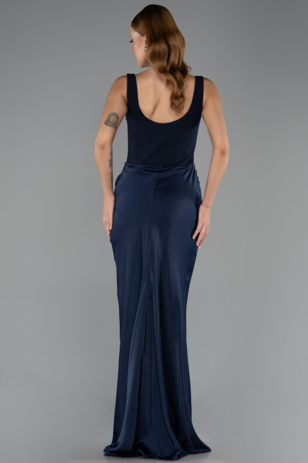 Robe de Soirée Longue Satin Bleu Marine ABU5990