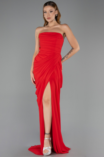Robe de Soirée Longue Mousseline Rouge ABU6589