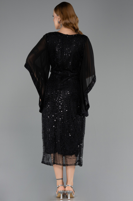 Robe De Invitation Grande Taille Midi Perlé Noir ABK2693