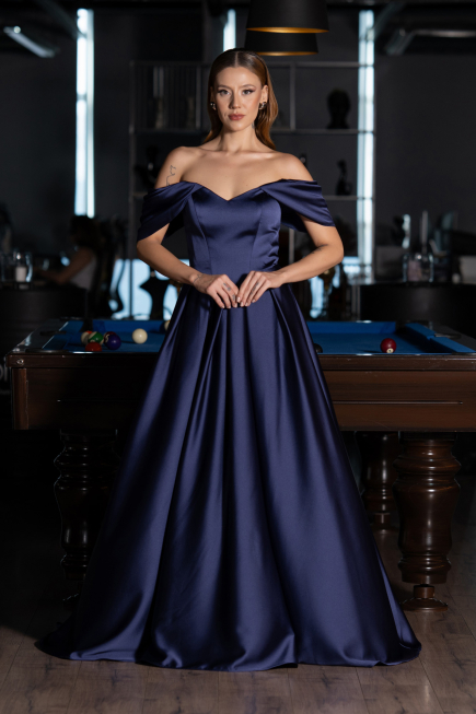 Robe de Soirée Longue Satin Bleu Marine ABU6617