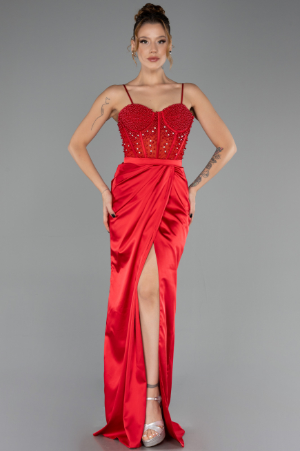Robe de Soirée Longue Satin Rouge ABU3312