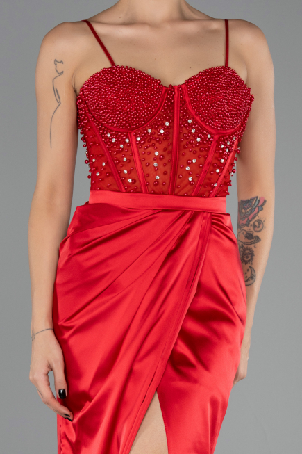 Robe de Soirée Longue Satin Rouge ABU3312