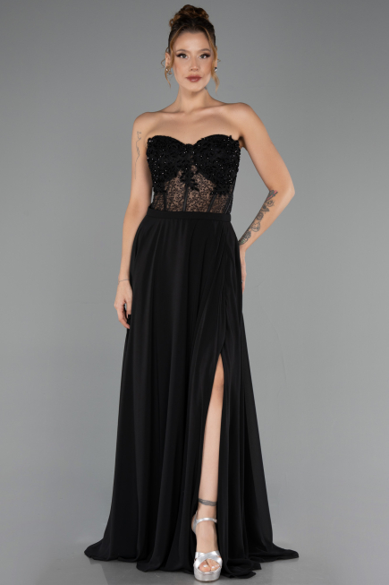 Robe de Soirée Grande Taille Longue Mousseline Noir ABU6383
