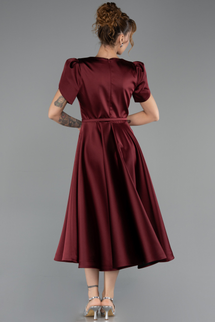 Robe De Soirée Midi Satin Rouge Bordeaux ABK2699