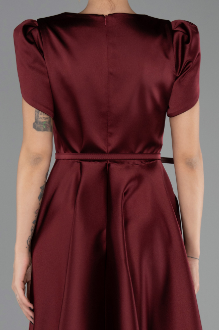 Robe De Soirée Midi Satin Rouge Bordeaux ABK2699