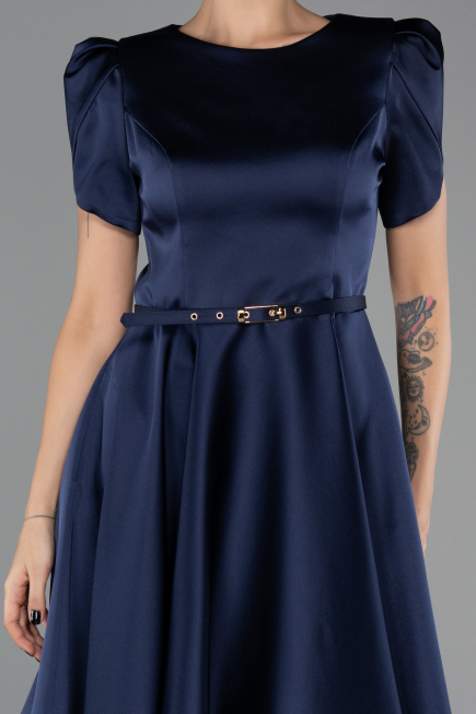 Robe De Soirée Midi Satin Bleu Marine ABK2699
