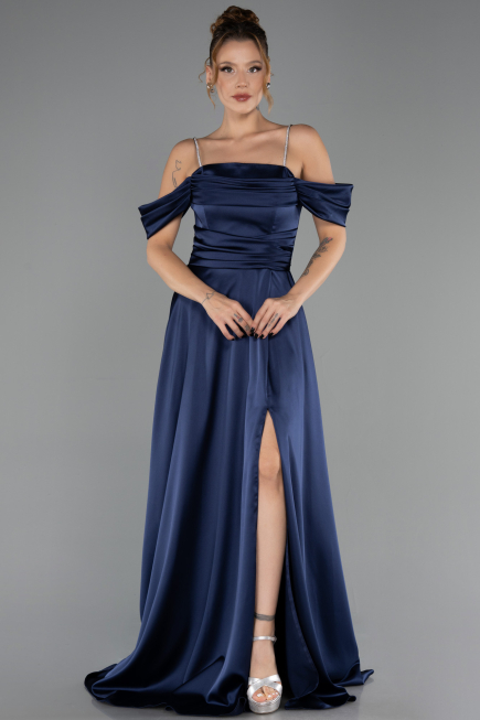 Robe de Soirée Longue Satin Bleu Marine ABU6638