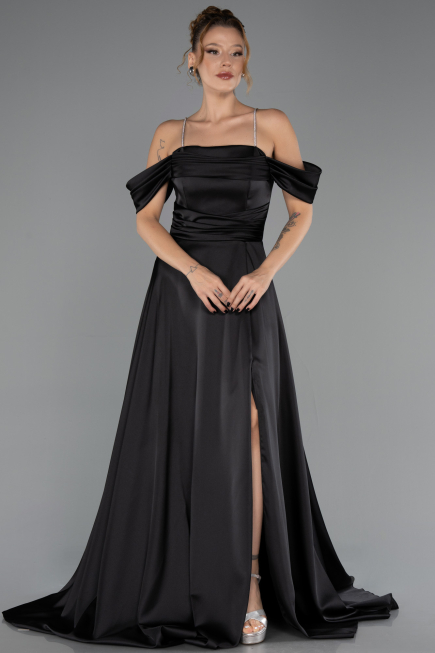 Robe de Soirée Longue Satin Noir ABU6638