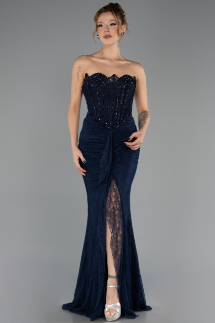 Robe de Soirée Longue Dantelle Bleu Marine ABU6639