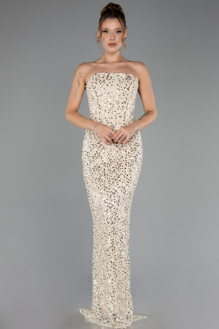 Robe de Soirée Longue Squameuse Beige ABU6641