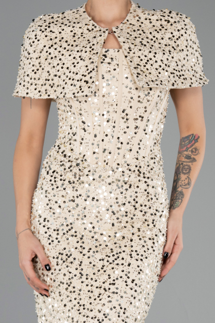 Robe de Soirée Longue Squameuse Beige ABU6641