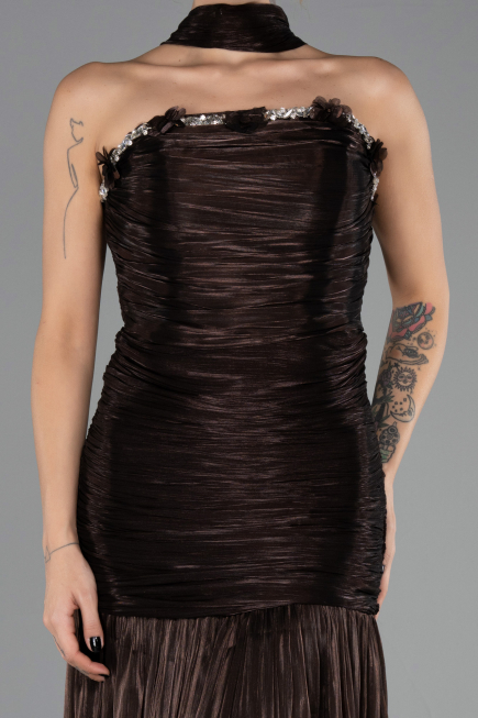 Robe de Soirée Longue Mousseline Brun ABU6643