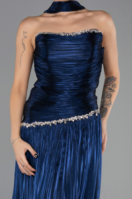 Robe de Soirée Longue Mousseline Bleu Marine ABU6644