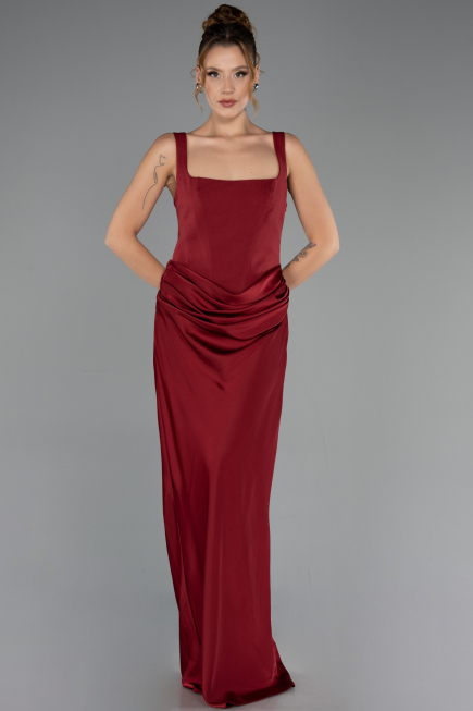 Robe de Soirée Longue Satin Rouge Bordeaux ABU6649
