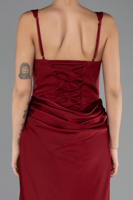 Robe de Soirée Longue Satin Rouge Bordeaux ABU6649