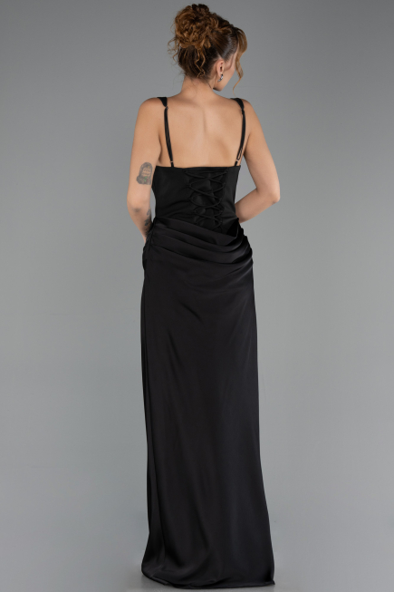 Robe de Soirée Longue Satin Noir ABU6649