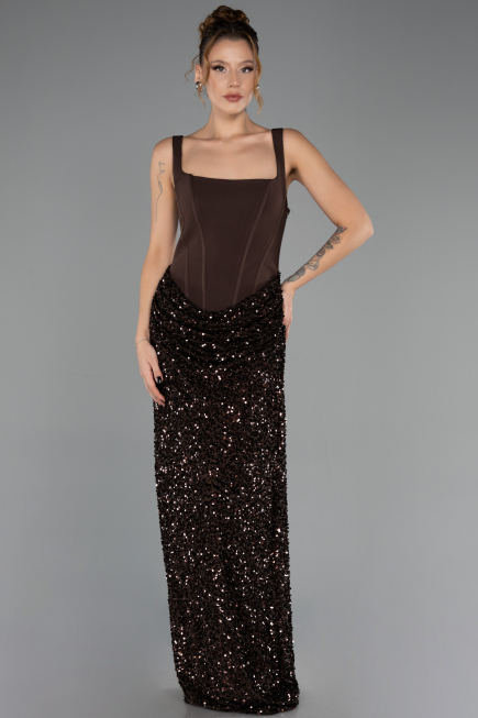 Robe de Soirée Longue Squameuse Brun ABU6650