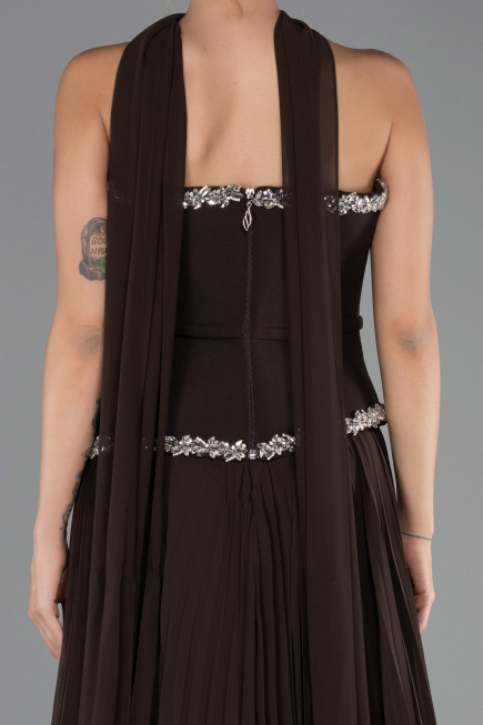Robe de Soirée Longue Mousseline Brun ABU6651