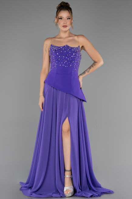 Robe De Soirée Mousseline Longue Violet ABU6018
