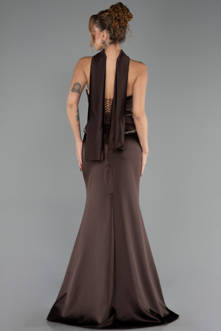 Robe de Soirée Longue Satin Brun ABU6655