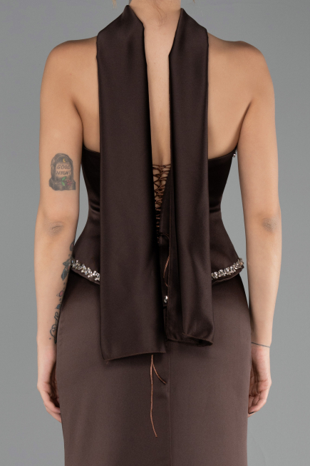 Robe de Soirée Longue Satin Brun ABU6655