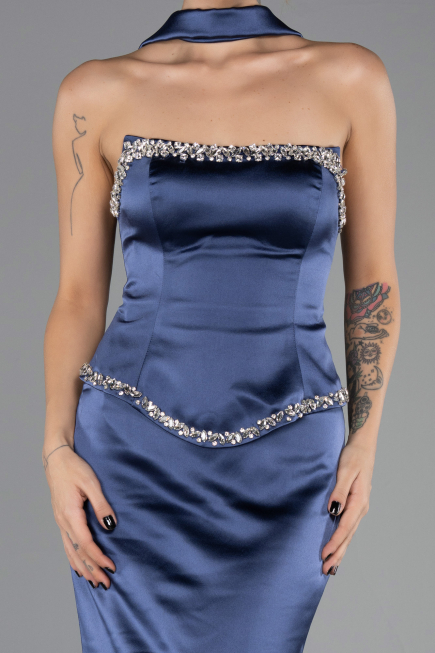 Robe de Soirée Longue Satin Bleu Marine ABU6655