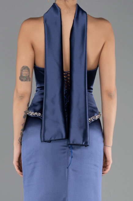 Robe de Soirée Longue Satin Bleu Marine ABU6655
