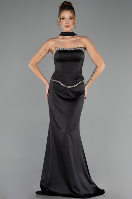 Robe de Soirée Longue Satin Noir ABU6655