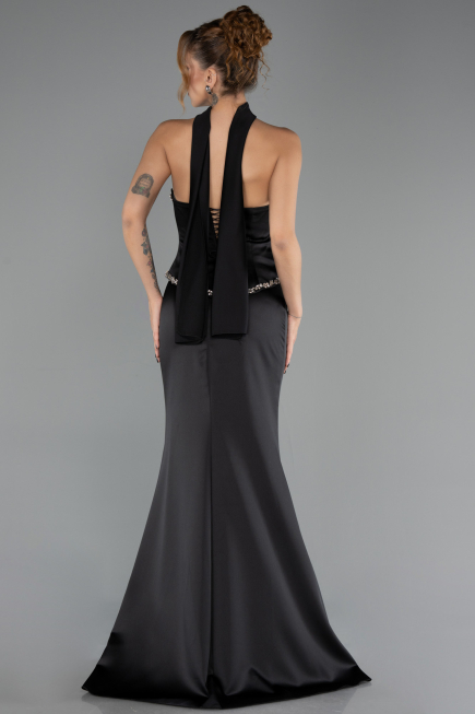 Robe de Soirée Longue Satin Noir ABU6655