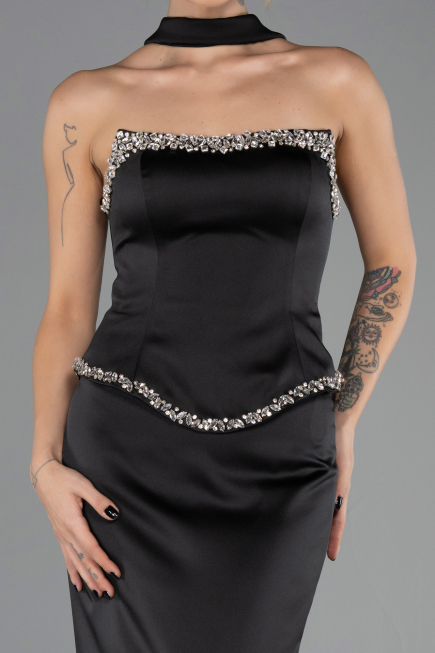 Robe de Soirée Longue Satin Noir ABU6655