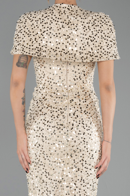 Robe de Soirée Longue Squameuse Beige ABU6641