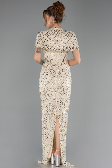 Robe de Soirée Longue Squameuse Beige ABU6641