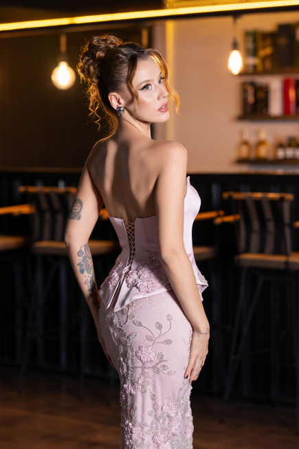 Robe de Soirée Longue Dantelle Poudre ABU6656