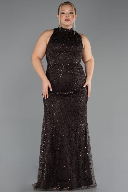 Robe De Soirée Grande Taille Longue Perlé Brun foncé ABU5063