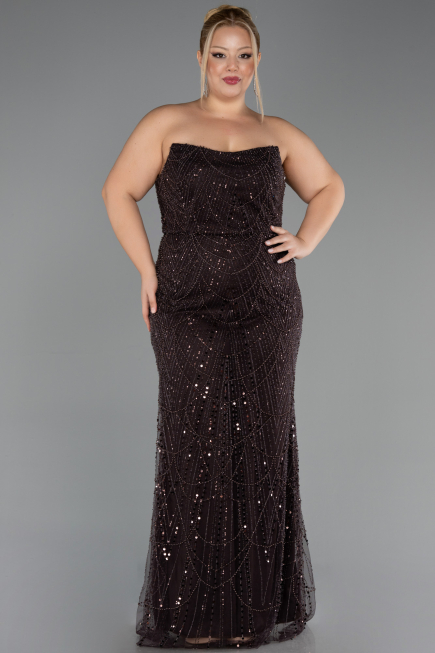 Robe de Soirée Grande Taille Longue Perlé Brun ABU6545