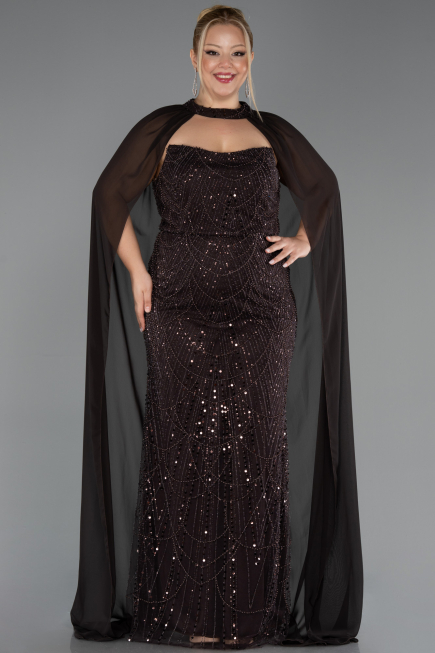 Robe de Soirée Grande Taille Longue Perlé Brun ABU6545