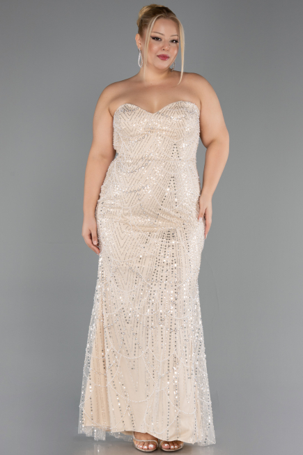 Robe De Soirée Grande Taille Longue Perlé Beige ABU6632