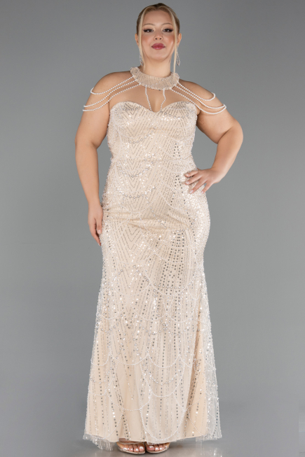 Robe De Soirée Grande Taille Longue Perlé Beige ABU6632