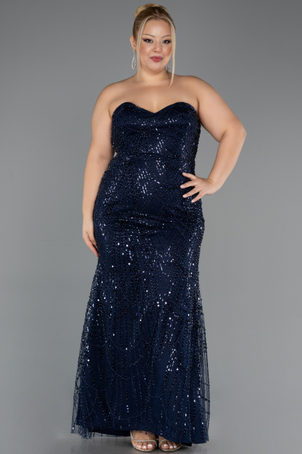 Robe De Soirée Grande Taille Longue Perlé Bleu Marine ABU6632