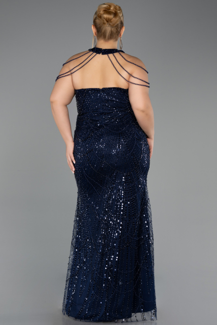 Robe De Soirée Grande Taille Longue Perlé Bleu Marine ABU6632