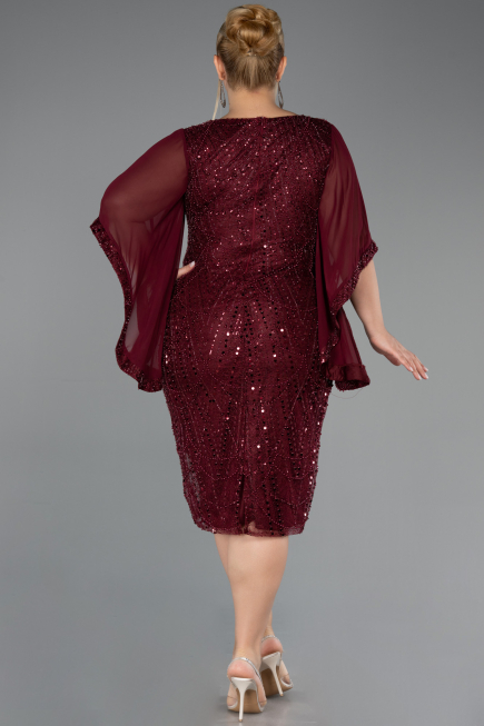 Robe De Invitation Grande Taille Midi Perlé Rouge Bordeaux ABK2693