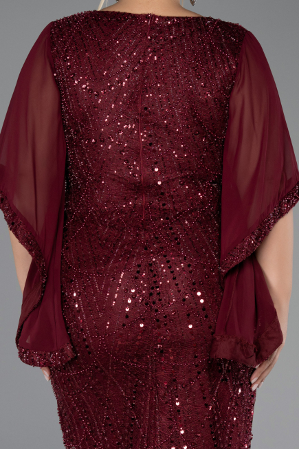 Robe De Invitation Grande Taille Midi Perlé Rouge Bordeaux ABK2693