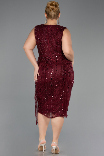 Robe De Invitation Grande Taille Midi Perlé Rouge Bordeaux ABK2698