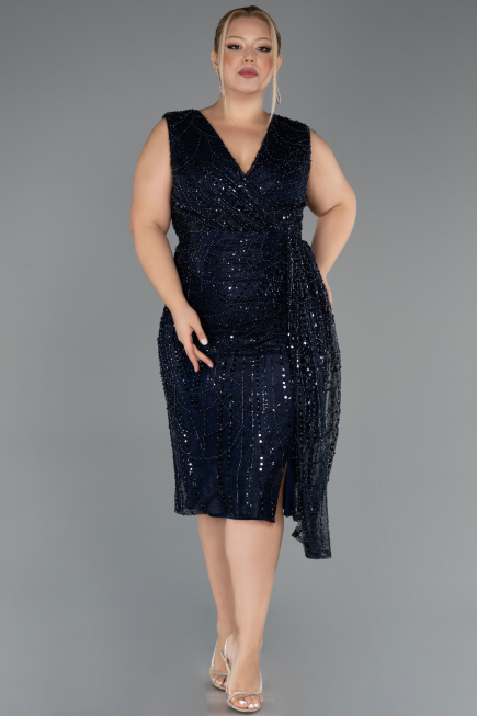 Robe De Invitation Grande Taille Midi Perlé Bleu Marine ABK2698