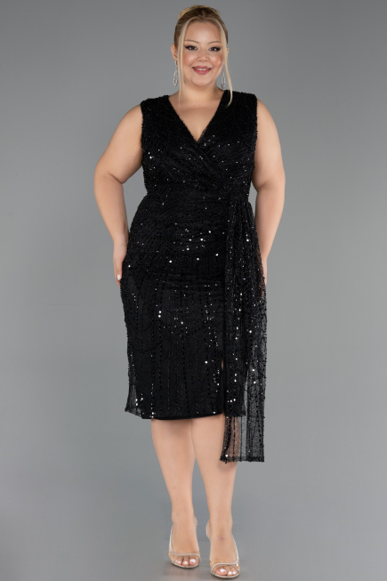 Robe De Invitation Grande Taille Midi Perlé Noir ABK2698