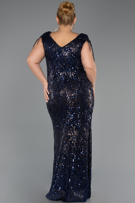 Robe De Soirée Grande Taille Longue Squameuse Bleu Marine ABU6610